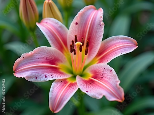 Close-up of Pink Lily Flower in Bloom with Green Background