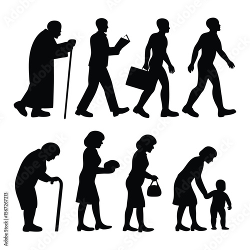 Human life stages are depicted in silhouette, symbolizing growth, development, and aging across different phases of life.