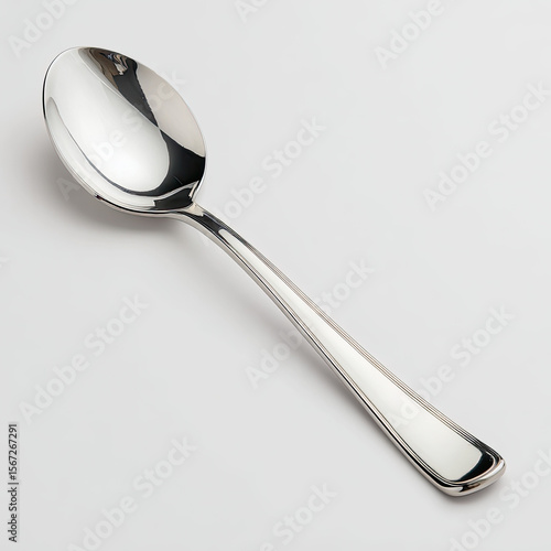 Elegant stainless steel spoon resting on a smooth white surface, ideal for culinary presentations