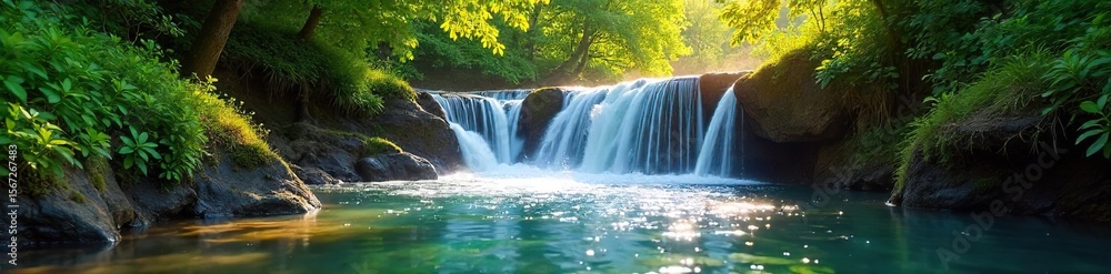 Obraz premium Serene Waterfall Cascading Down Verdant Hillside in Sunlight, Refreshing Nature Scene Perfect for Travel and Environmental Projects