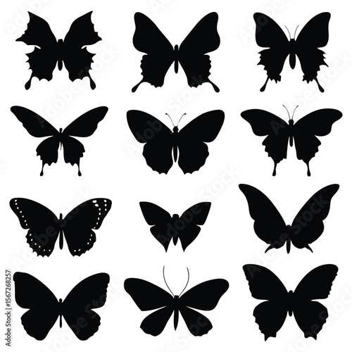 A collection of twelve black butterfly silhouettes arranged in a grid pattern against a white background