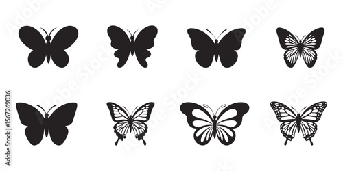 Silhouetted butterflies in two rows display differing wing shapes