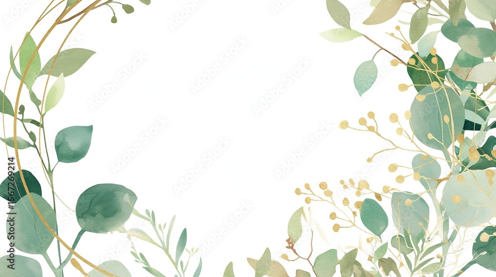 Obraz premium Minimalist eucalyptus wreath with delicate gold line art and pure white background showing elegant natural aesthetic, suitable for modern home decor, wedding invitations, design or digital wallpaper.