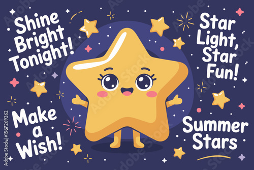 Shine bright tonight star illustration, make a wish, summer stars, cute cartoon mascot, fun celestial celebration, playful vector