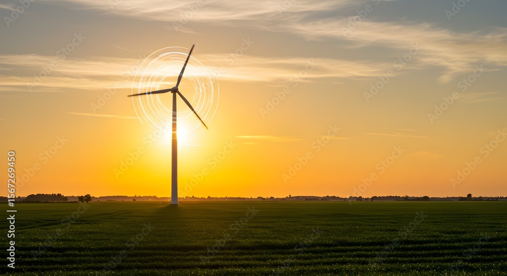 Obraz premium Wind turbine at sunset in a green field, renewable energy concept