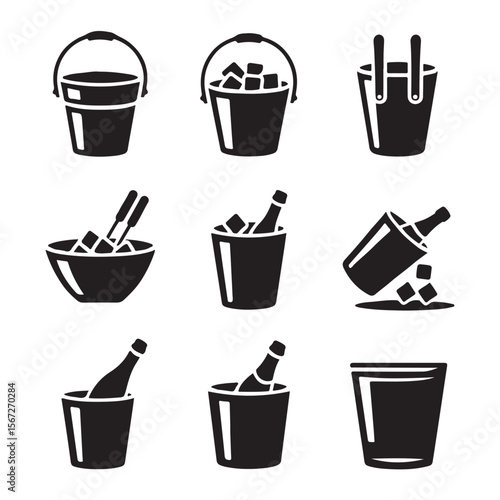 Ice Bucket Outline Icons for Drinks
