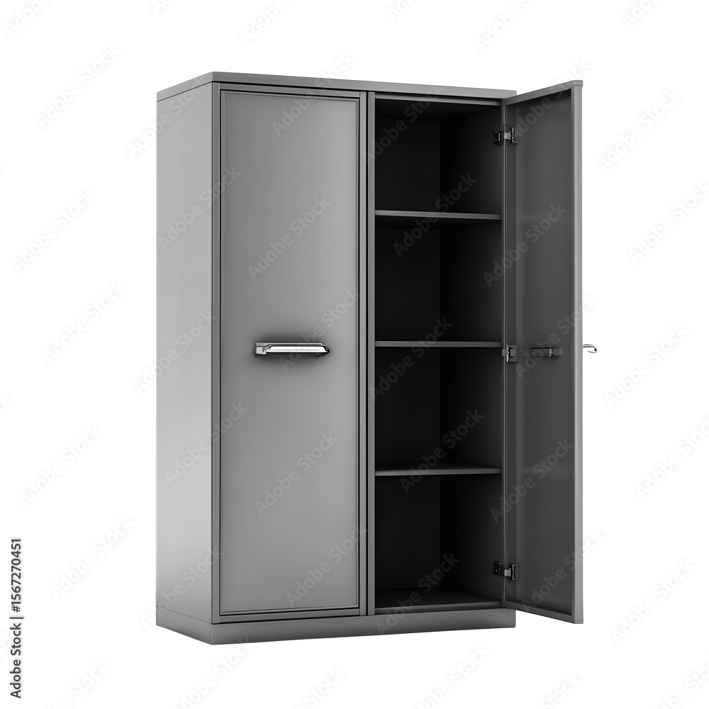 Metal Storage Cabinet, Open Door, isolated on white background Metal Storage Cabinet, Open Door, isolated on white background