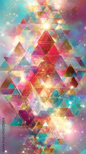Abstract Geometric Galaxy Design with Colorful Triangles and Glitter