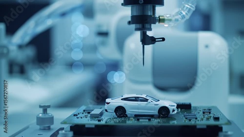 Robotic Arm Assembling White Toy Car on Circuit Board Close Up with Light Blue Background
