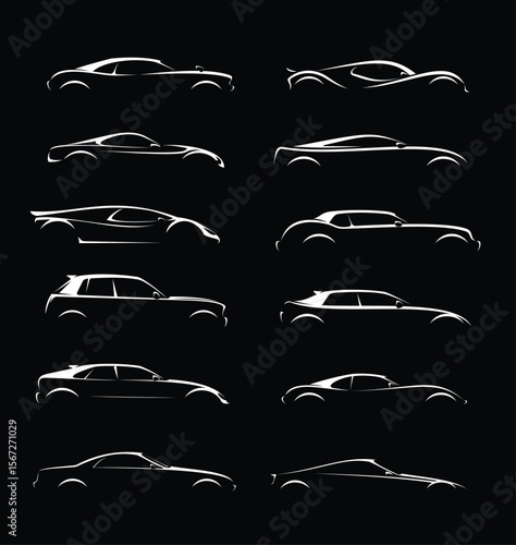 Collection of twelve car outlines in white against a black background showcasing different car models