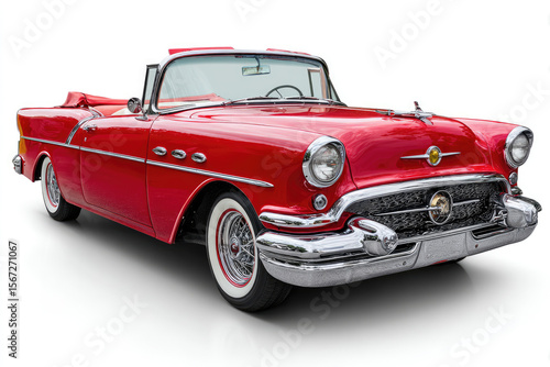 Classic red convertible car parked against a white background, showcasing its vintage design and chrome details