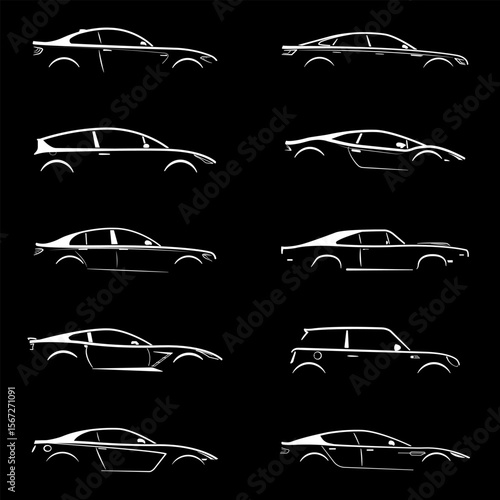 Ten white car silhouettes displayed on a black background