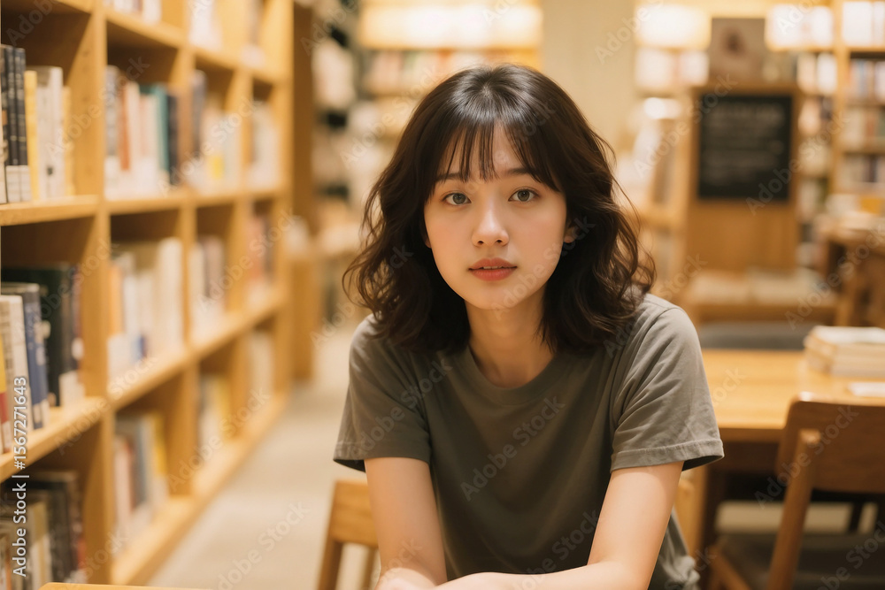 Young Asian Woman Library Bookshelves Education Learning Portrait Cozy Young Asian Woman Library Bookshelves Education Learning Portrait Cozy