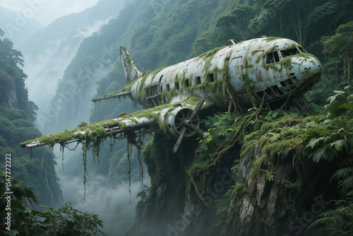 Abandoned Plane Wreck Overgrown in Lush Misty Jungle Ravine Landscape
