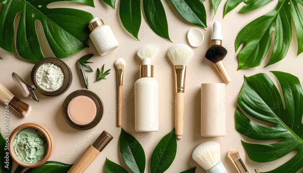 Eco Friendly Makeup Brushes And Plant Based Cosmetics Arranged On A Beige Background With Lush Green Leaves Eco Friendly Makeup Brushes And Plant Based Cosmetics Arranged On A Beige Background With Lush Green Leaves