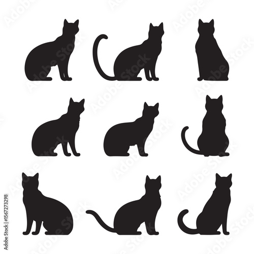Nine black cat silhouettes in a grid arrangement on a white background