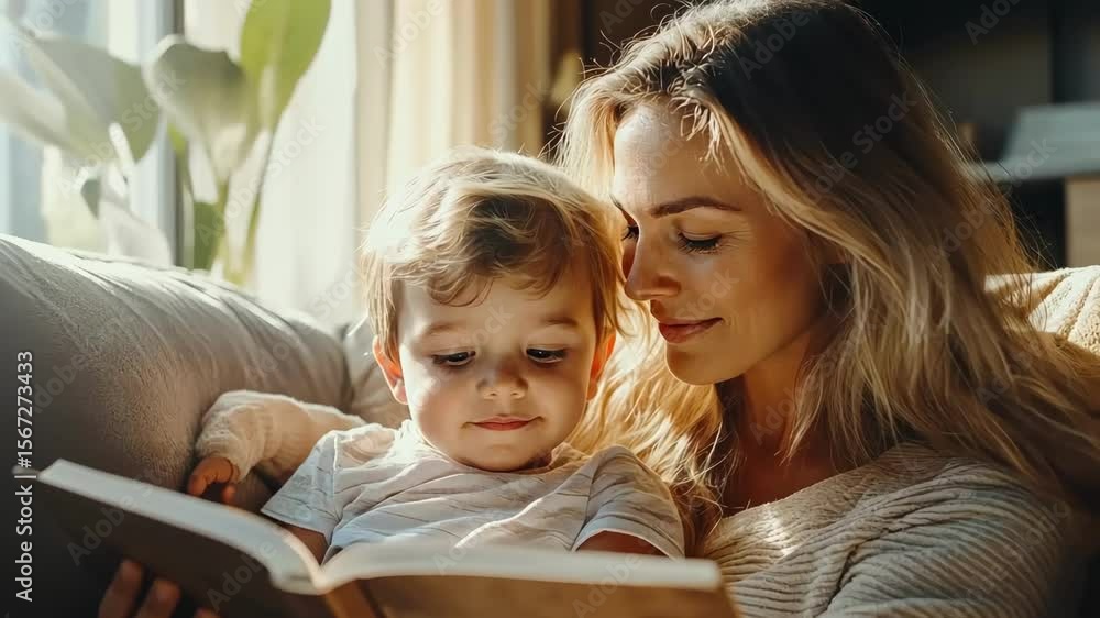 Mother reads to toddler son, bonding moment with storybook at home Mother reads to toddler son, bonding moment with storybook at home