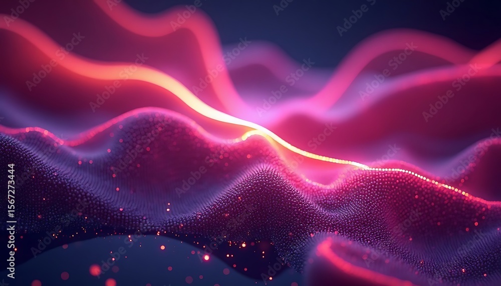 Abstract data landscape with glowing red and purple waves and bright light path Abstract data landscape with glowing red and purple waves and bright light path