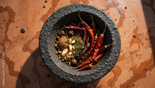 Fototapeta Naklejka Na Ścianę i Meble -  A stone bowl filled with spices, including dried chilies, herbs, and garlic, sits on a textured surface.