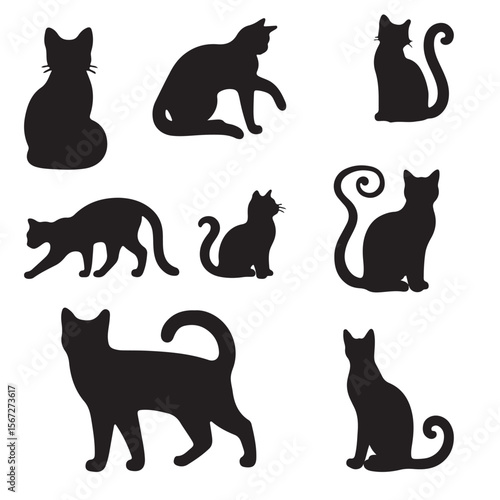 Nine silhouette cats of varying sizes and poses