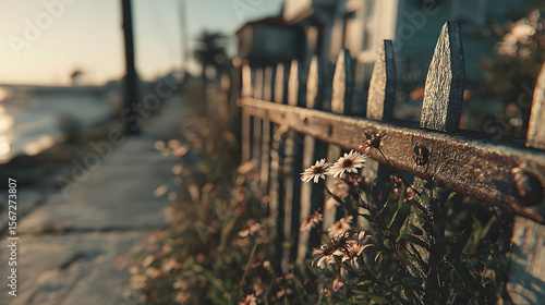 Rustic Wooden Fence with Wildflowers at Sunset