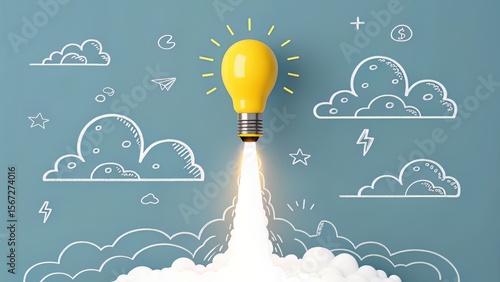 3D Yellow Lightbulb Rocket with Doodle Clouds on Blue for Creative Launch Concepts