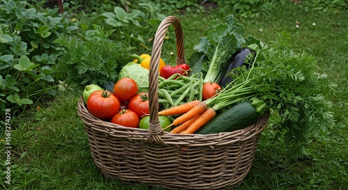 Wicker basket filled with freshly picked vegetables and fruits on green grass in a garden.