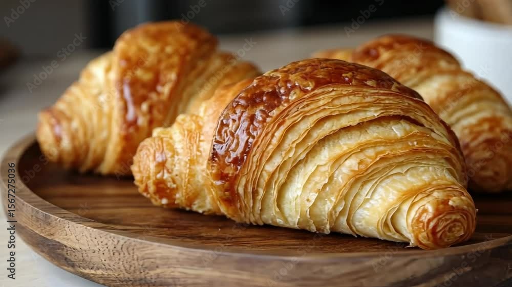 Golden-Brown Croissants on Wooden Tray Golden-Brown Croissants on Wooden Tray