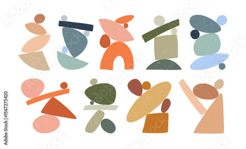 Set of balance stones and crayon drawn geometric shapes. Hand drawn vector contemporary shapes, kid's figures.