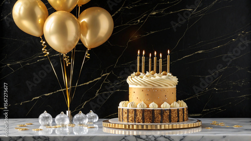 Luxury-themed birthday card with gold balloons, a velvet cake with crystal candles, and a black marble background.
