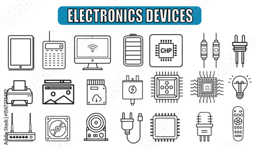 electronics icon, icon electronic, Electronics Devices Icons - Technology, Gadgets, and Components Outline Set