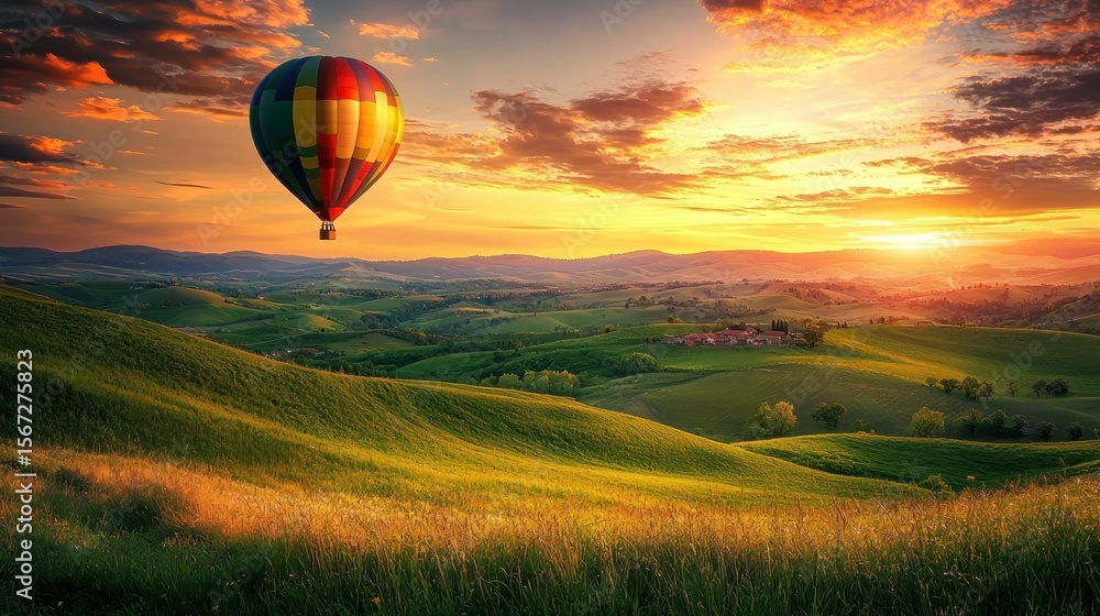Obraz premium A colorful hot air balloon floating over rolling green hills at sunrise