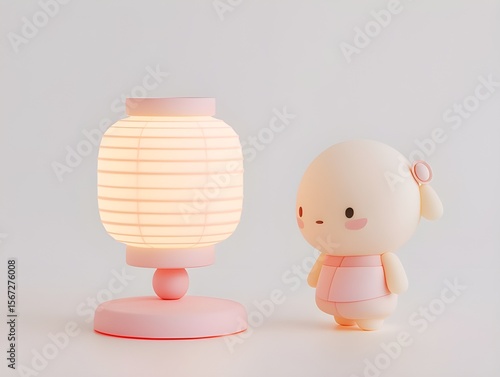 Cute 3D kawaii illustration of a floating Obon lantern and a stylized Bon Odori dancer figure beside it, pastel palette, toy-like glossy texture, clean white background, no blur, no noise.