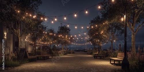 Peaceful Night Scene with Decorative String Lights, Benches, Trees, and Calm Water Reflections by the Shoreline in a Relaxing Atmosphere