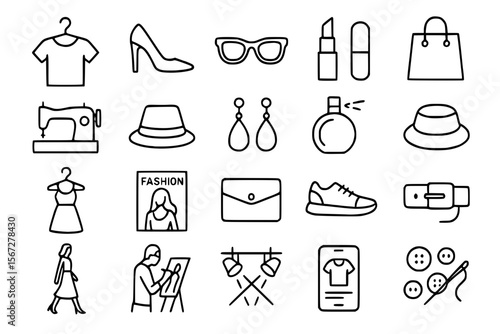 Fashion and Style Line Icons Set - Clothing, Accessories, Beauty and Shopping Vector Collection