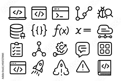 Software Development Programming Icons Set - Code Development Vector Illustrations for Tech and Web Design