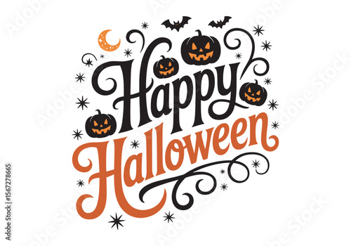 Happy Halloween designs featuring a black cat perched on a pumpkin, and pumpkins grouped under a crescent moon, surrounded by bats.