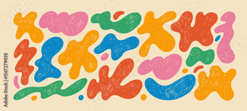 Funky organic liquid shapes and fluid forms drawn by a crayon. Hand drawn textured figures. 