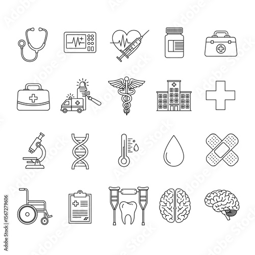 A collection of line-art medical icons depicting healthcare tools, symbols, and procedures.