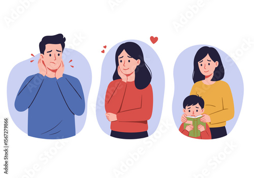 A family's emotional portraits: a stressed father, a pensive mother, and a content child reading, depicted in a minimalist vector art style.