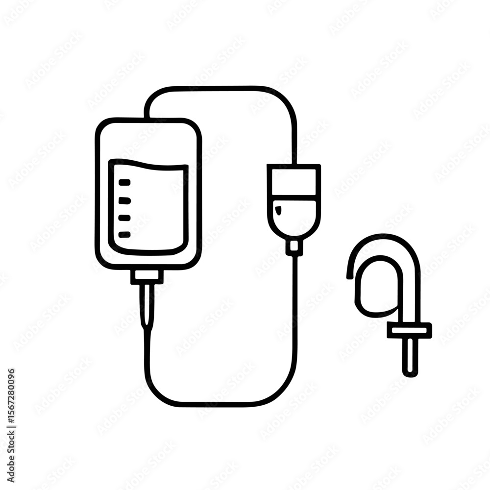Medical IV drip bag and tubing, connected to a drip chamber and a hook, simple line drawing. Medical IV drip bag and tubing, connected to a drip chamber and a hook, simple line drawing.