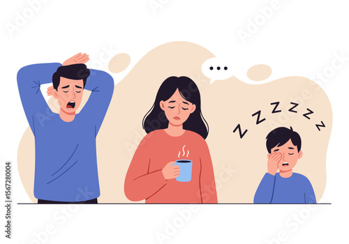 A tired family, including a yawning man, a woman with a coffee cup, and a sleepy child, illustrates exhaustion and fatigue against a neutral backdrop.