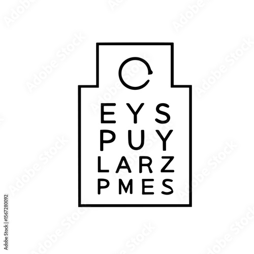 Eye chart with jumbled letters, vision test, optometry symbol, black and white.