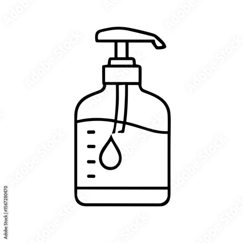 Simple line drawing of a hand sanitizer dispenser bottle with liquid.