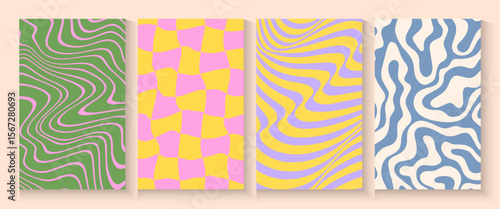 Summer party poster set, geometric memphis style. Hello summer  banner, cards, flayer with hand lettering Deformed fluid uneven organic seamless lines vector funky groovy maze backgrounds