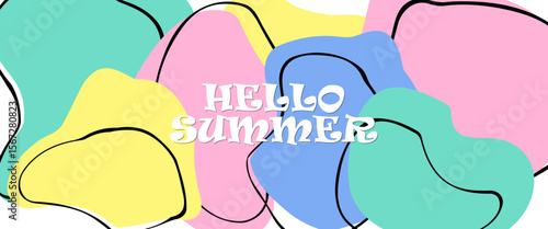 Summer party poster set, geometric memphis style. Hello summer  banner, cards, flayer with hand lettering Deformed fluid uneven organic seamless lines vector funky groovy maze backgrounds