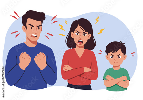 Angry family, parents and child with furious expressions, arguing and showing negative emotions, conflict and disagreement concept illustration.