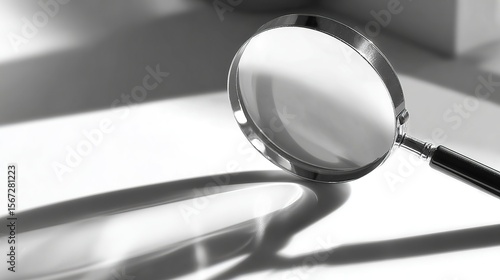 A chrome magnifying glass on white surface, symbolizing focus and precision in exploration
