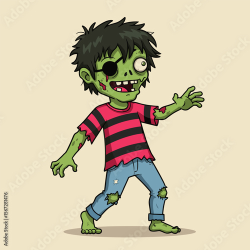 Cartoon zombie with green skin and eyepatch wearing a striped shirt and patched jeans, striking a playful pose with one arm outstretched.