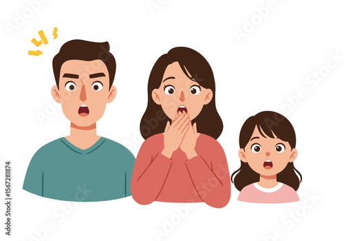 A surprised family of three, a father, mother, and daughter, with wide eyes and open mouths, expressing shock or amazement.